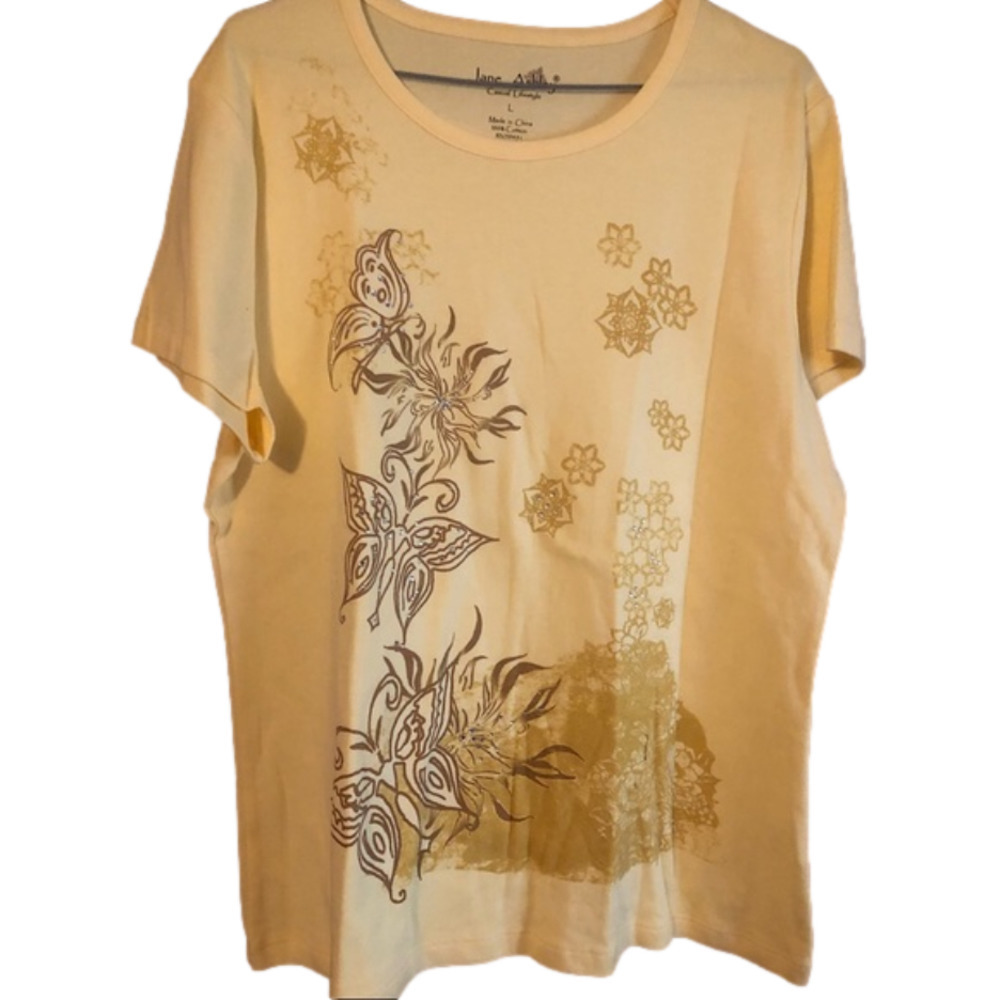 YELLOW boho short sleeve top butterfly mandala large EUC